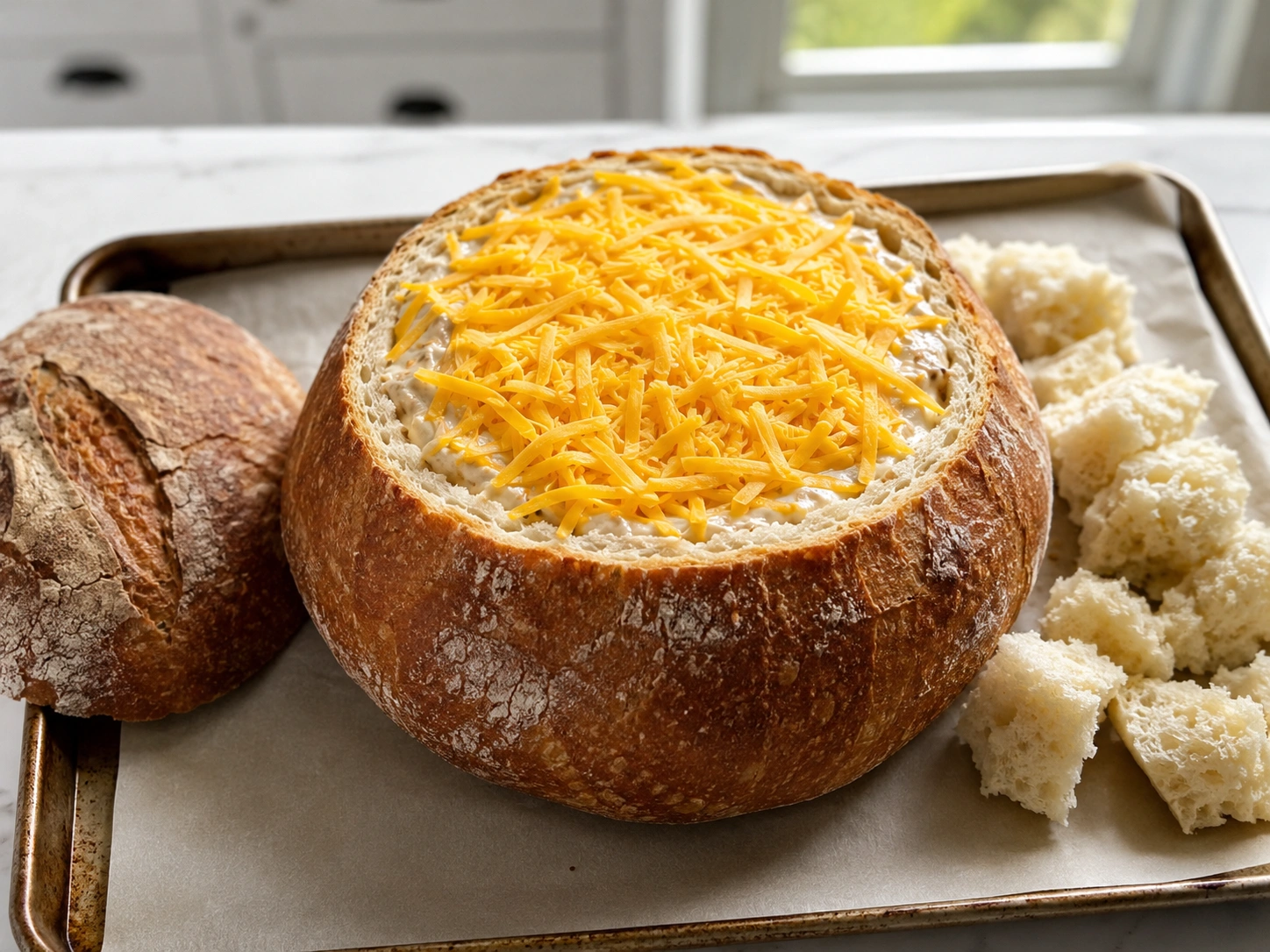 Sprinkling cheese on top and wrapping cob loaf in foil